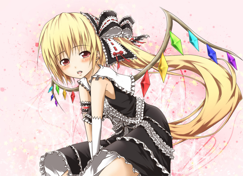 1girl, blonde_hair, flandre_scarlet, gusutan, ponytail, red_eyes, short_hair, side_ponytail