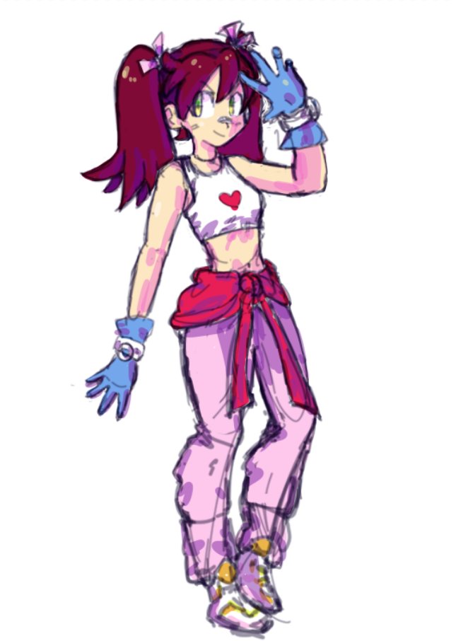 1girl, brown_hair, closed_mouth, full_body, gloves, green_eyes, hair_ribbon, long_hair, looking_at_viewer, navel, ribbon, saru_getchu, saru_jia, sayaka_(saru_getchu), shirt, simple_background, smile, solo, twintails, white_background, white_shirt