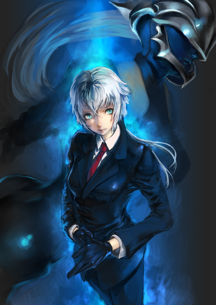 aqua_eyes, black_gloves, blazer, formal, gloves, glowing, green_eyes, helmet