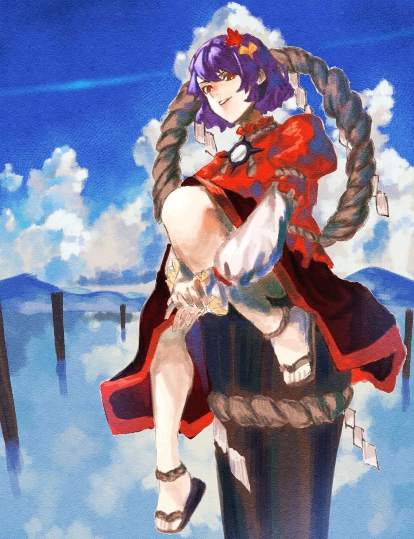 1girl, aojirozame1228, bare_legs, black_skirt, brown_footwear, clouds, day, faux_traditional_media