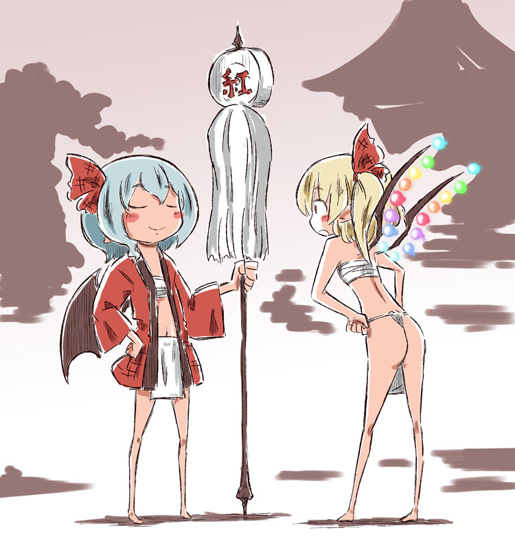 barefoot, bat_wings, blonde_hair, blue_hair, blush_stickers, closed_eyes, flandre_scarlet, fundoshi