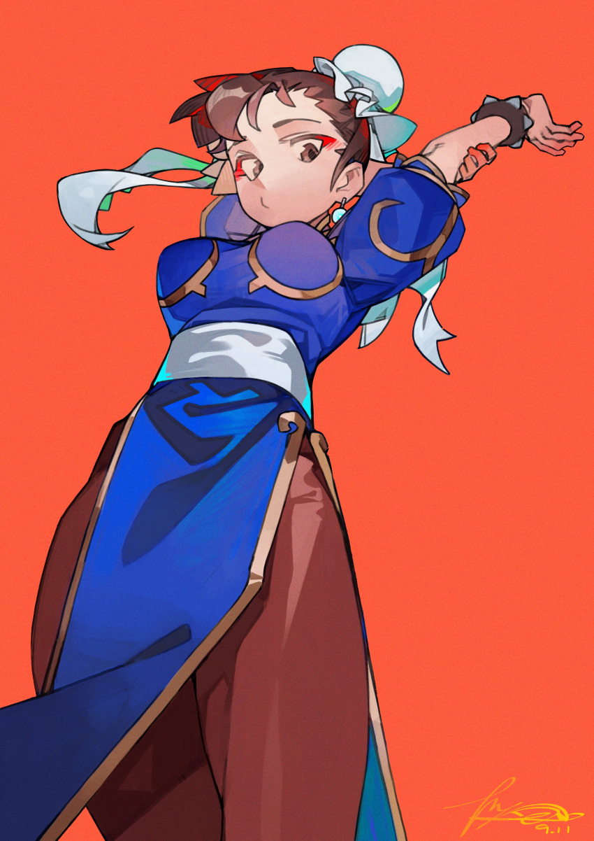 1girl, absurdres, arm_behind_head, arm_up, arms_up, belt, blue_dress, breasts