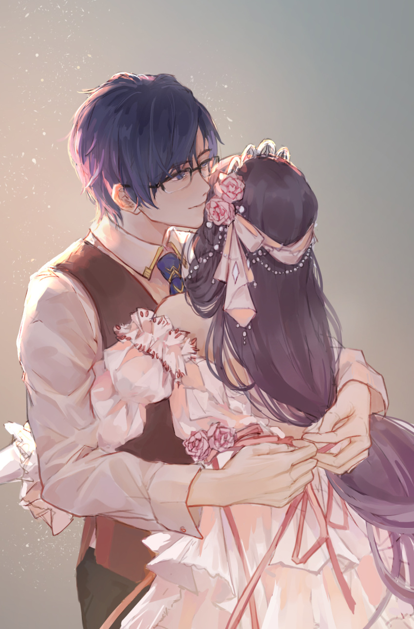 1boy, 1girl, beads, black_hair, black_pants, blue_eyes, blue_hair, blue_necktie, brown_vest, clarence_clayden, closed_mouth, collared_shirt, cowboy_shot, dress, dress_flower, dressing_another, facing_away, flower, glasses, grey_background, hair_beads, hair_flower, hair_ornament, heroine_(lovebrush_chronicles), highres, hug, long_hair, long_sleeves, looking_at_another, lovebrush_chronicles, necktie, off-shoulder_dress, off_shoulder, pants, pink_flower, pink_ribbon, pink_rose, ribbon, rose, shirt, short_hair, standing, steinskinoko, swept_bangs, tiara, tying, vest, white_dress, white_shirt