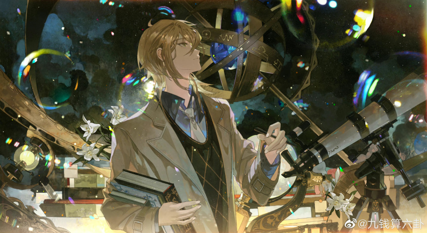 1boy, absurdres, alkaid_mcgrath, armillary_sphere, between_fingers, black_sweater_vest, blonde_hair, blue_shirt