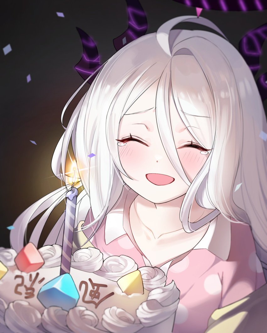 1girl, absurdres, black_horns, blue_archive, blush, cake, closed_eyes, collarbone