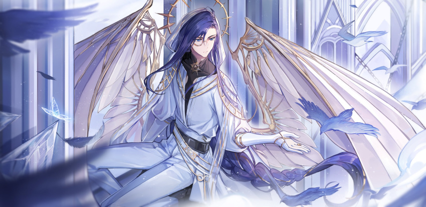 1boy, angel, angel_wings, belt, bird, black_belt, black_shirt, blue_eyes