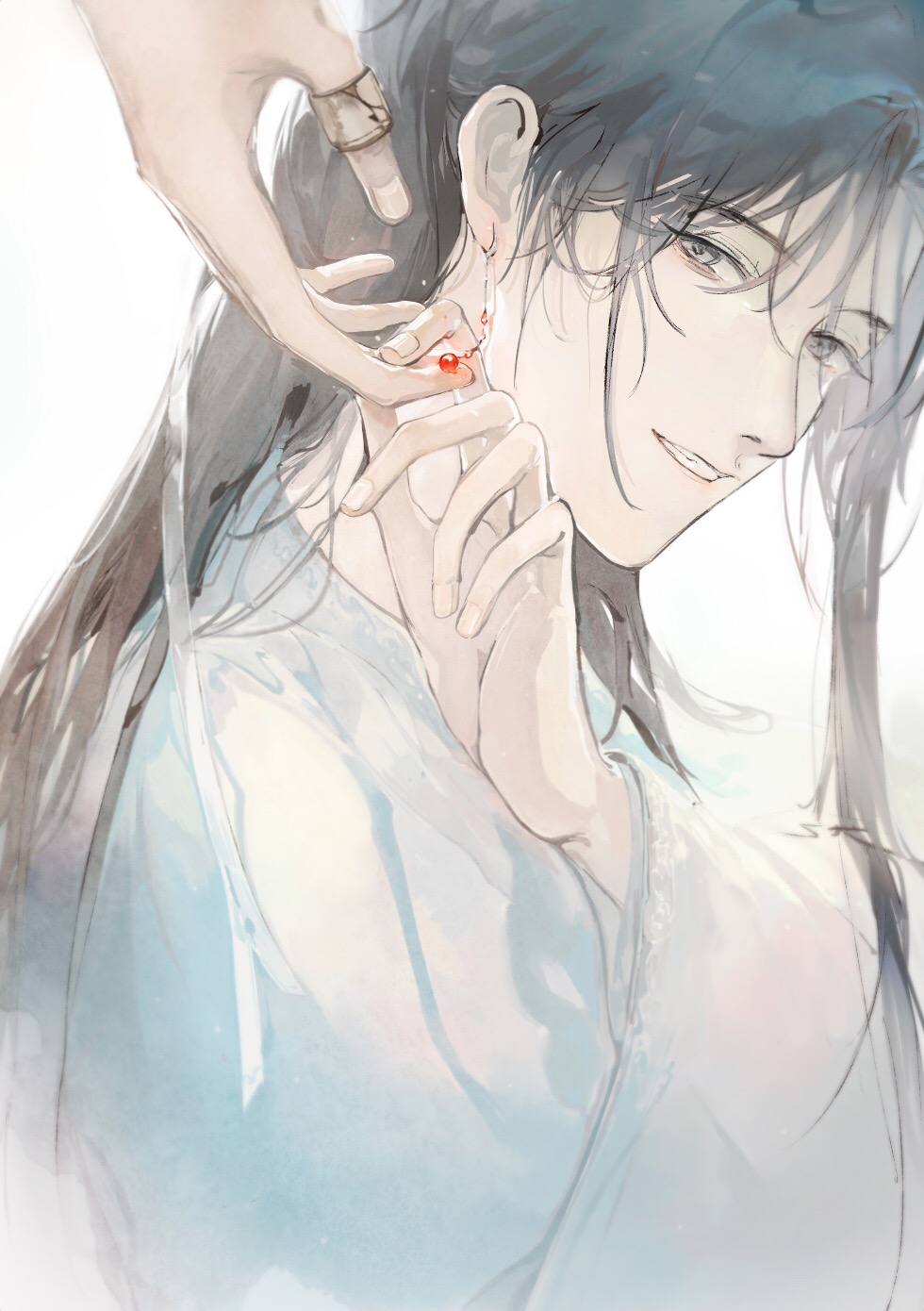 1boy, brown_eyes, brown_hair, chinese_clothes, drop_earrings, earrings, hanfu, highres