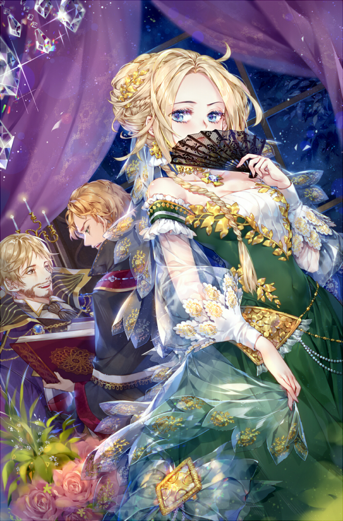 1girl, 2boys, :d, barris_sakan, beard, black_capelet, black_jacket, black_necktie, blonde_hair, blue_eyes, bow, braid, brooch, brown_eyes, capelet, chandelier, closed_mouth, commentary, covering_own_mouth, cowboy_shot, cross, cross_earrings, cross_necklace, curtains, dress, dress_bow, earrings, english_commentary, expressionless, facial_hair, flower, folding_fan, french_braid, gold_trim, gown, green_dress, green_eyes, hair_bun, hair_ornament, hand_fan, helix_waltz, hieihirai, holding, holding_fan, indoors, jacket, jewelry, leaf_hair_ornament, long_sleeves, looking_at_another, magda_ellenstein, mature_male, multiple_boys, necklace, necktie, night, off-shoulder_dress, off_shoulder, official_art, open_mouth, parted_bangs, pink_flower, pink_rose, profile, puffy_long_sleeves, puffy_sleeves, purple_jacket, rose, see-through, see-through_bow, see-through_sleeves, shirt, short_hair, side_braid, sideways_glance, single_hair_bun, skirt_hold, smile, standing, striped_necktie, talking, veil, vest, white_shirt, white_veil, window, zoe_olineaux