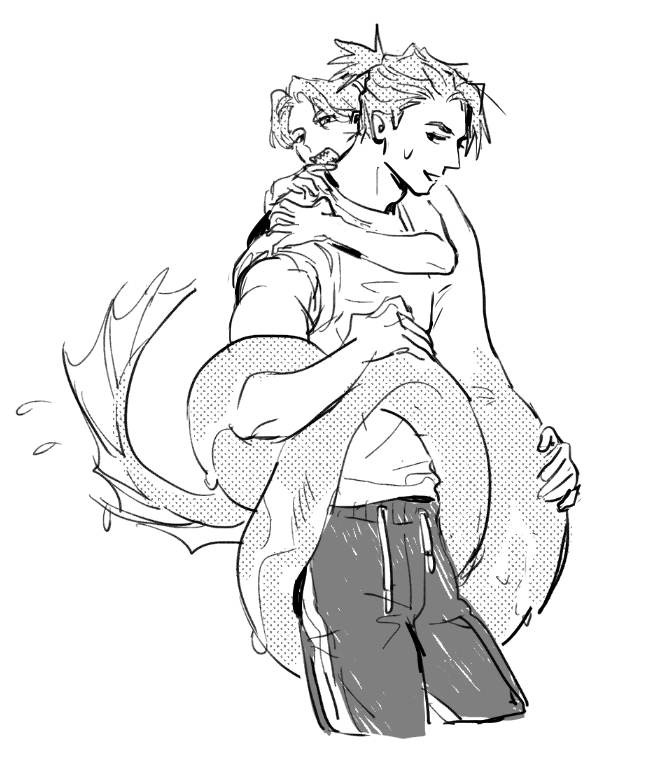 2boys, bunnyclvb, carrying, carrying_person, cropped_legs, english_commentary, fins, greyscale