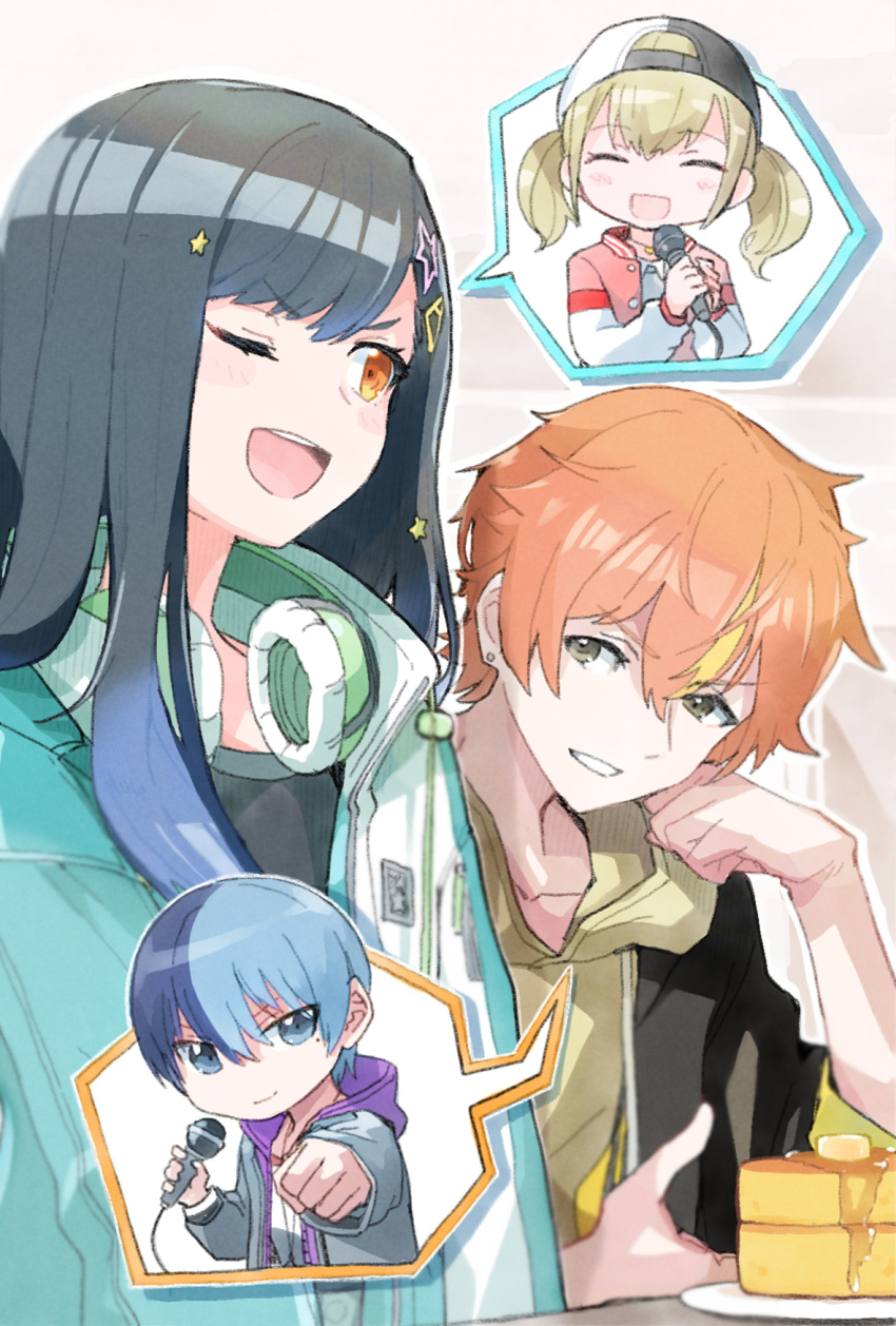 2boys, 2girls, ;d, aoyagi_touya, azusawa_kohane, backwards_hat, baseball_cap, black_headwear