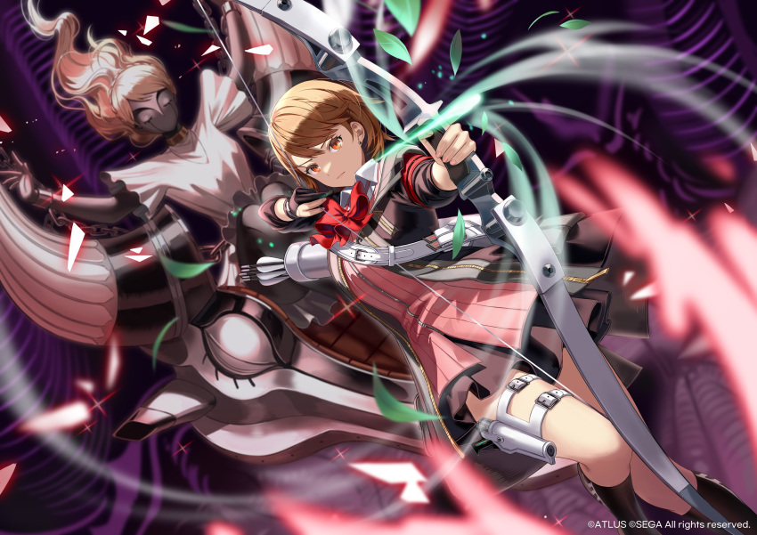 1girl, absurdres, arrow_(projectile), black_jacket, black_skirt, black_socks, blurry, blurry_foreground