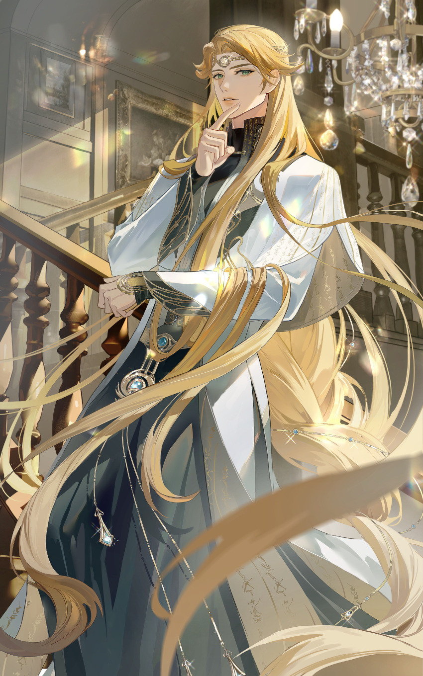 1boy, absurdres, black_shirt, blonde_hair, blue_gemstone, braid, capelet, chandelier, charm_(object), circlet, coat, feet_out_of_frame, finger_to_own_chin, gem, green_eyes, green_robe, guaisen, hair_flowing_over, helix_waltz_2, highres, indoors, long_hair, long_sleeves, looking_at_viewer, low-braided_long_hair, male_focus, painting_(object), parted_bangs, picture_frame, robe, shirt, single_braid, solo, stairs, standing, very_long_hair, white_capelet, white_coat