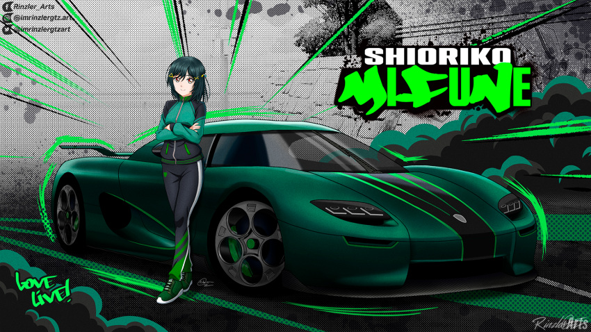 1girl, artist_name, black_jacket, black_pants, brown_eyes, car, character_name, commission