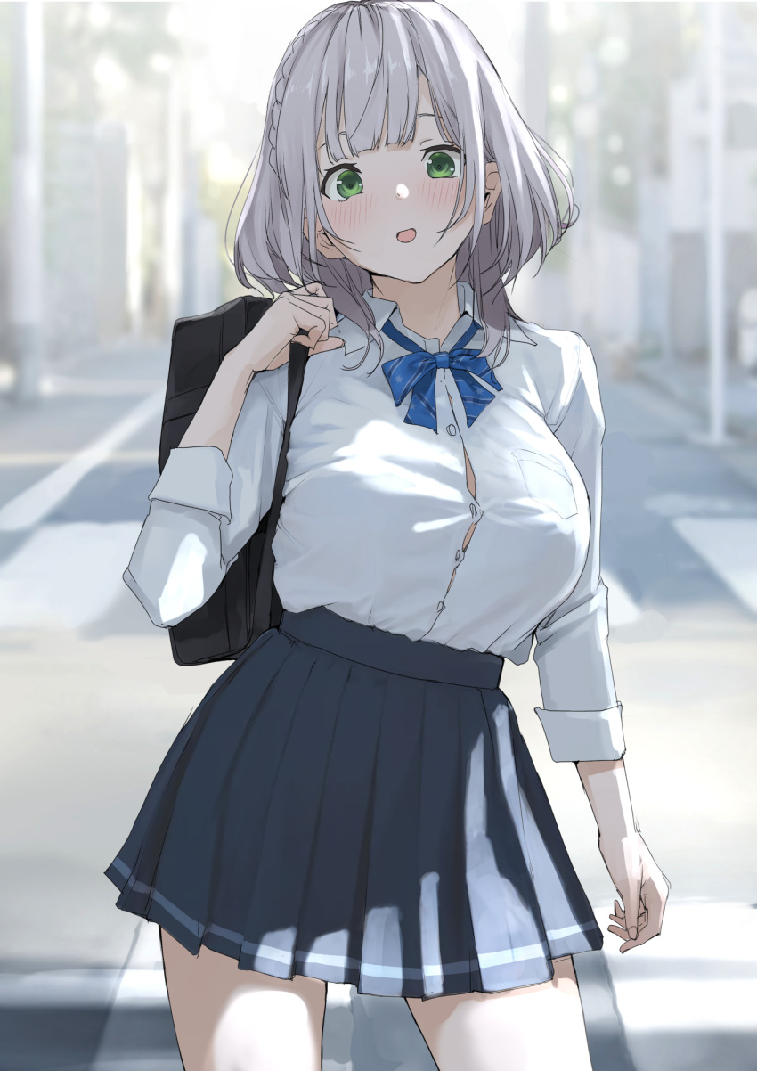 1girl, bag, blunt_bangs, braid, breasts, green_eyes, grey_hair, highres