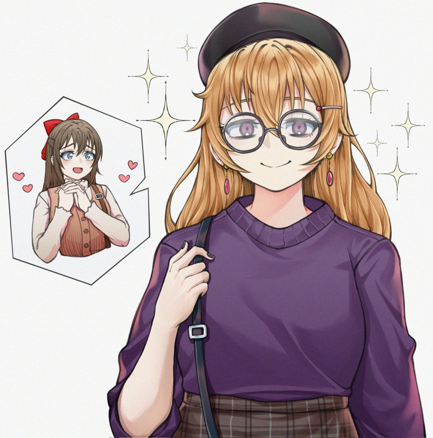 2girls, beret, bespectacled, black_headwear, blue_eyes, bow, brown_hair, brown_skirt