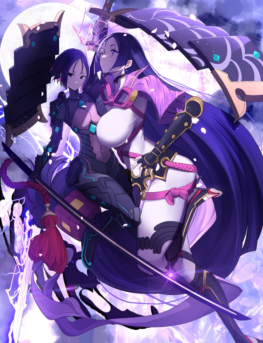 2girls, arm_guards, armor, black_armor, bob_cut, bodysuit, breasts, dual_persona, fate/grand_order, fate/samurai_remnant, fate_(series), full_moon, gem, highres, holding, holding_sword, holding_weapon, huge_breasts, japanese_armor, katana, kote, lightning, long_hair, low-tied_long_hair, minamoto_no_raikou_(fate), moon, multiple_girls, parted_bangs, purple_hair, ribbed_sleeves, rider_(fate/samurai_remnant), rope, sandals, short_hair, small_breasts, sword, tassel, toeless_footwear, toeless_legwear, untue, very_long_hair, violet_eyes, weapon