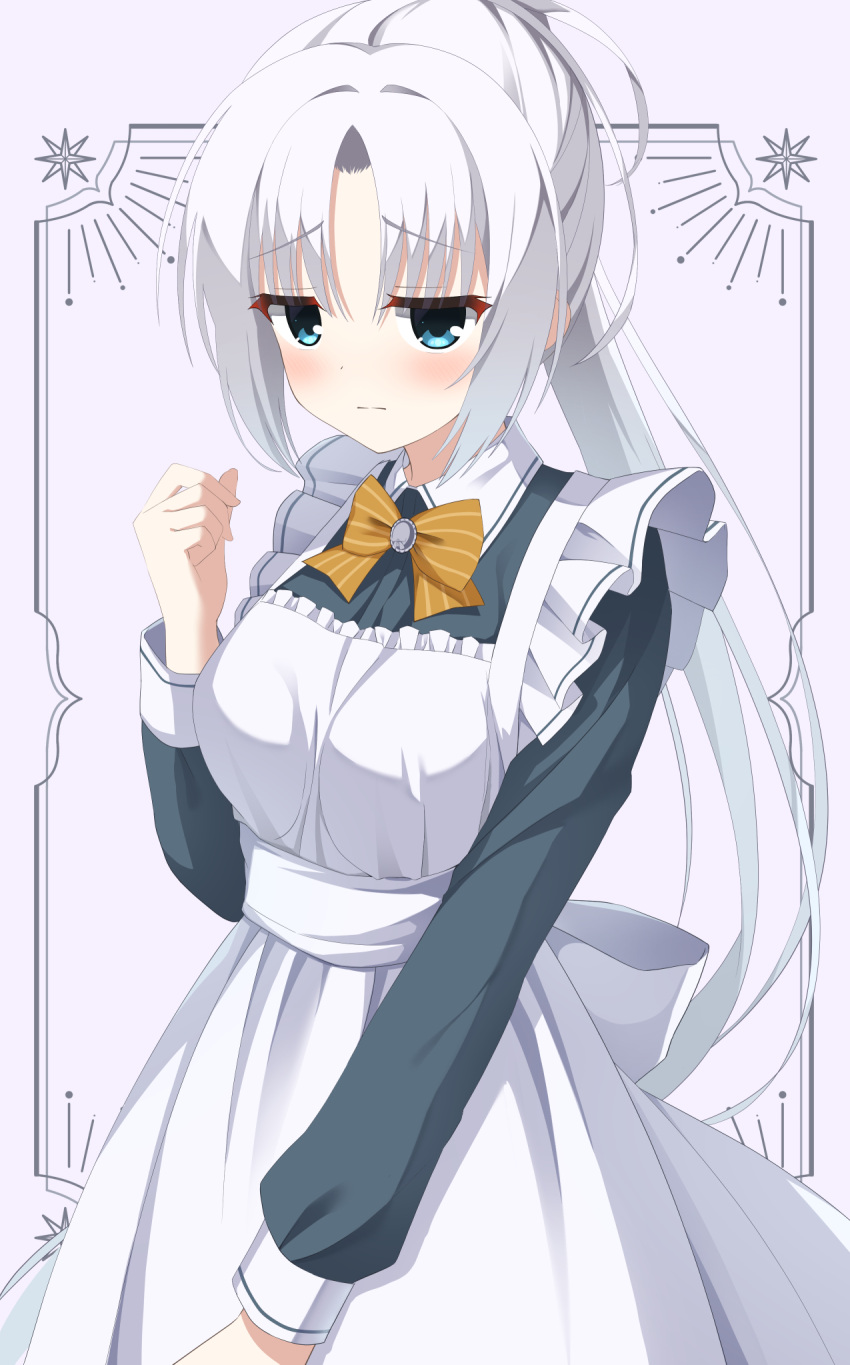 1girl, apron, blue_eyes, blush, bow, cafe_stella_to_shinigami_no_chou, clenched_hand, closed_mouth