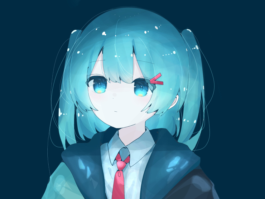 1girl, aqua_eyes, aqua_hair, aqua_jacket, black_jacket, blue_background, blue_jacket, blue_theme