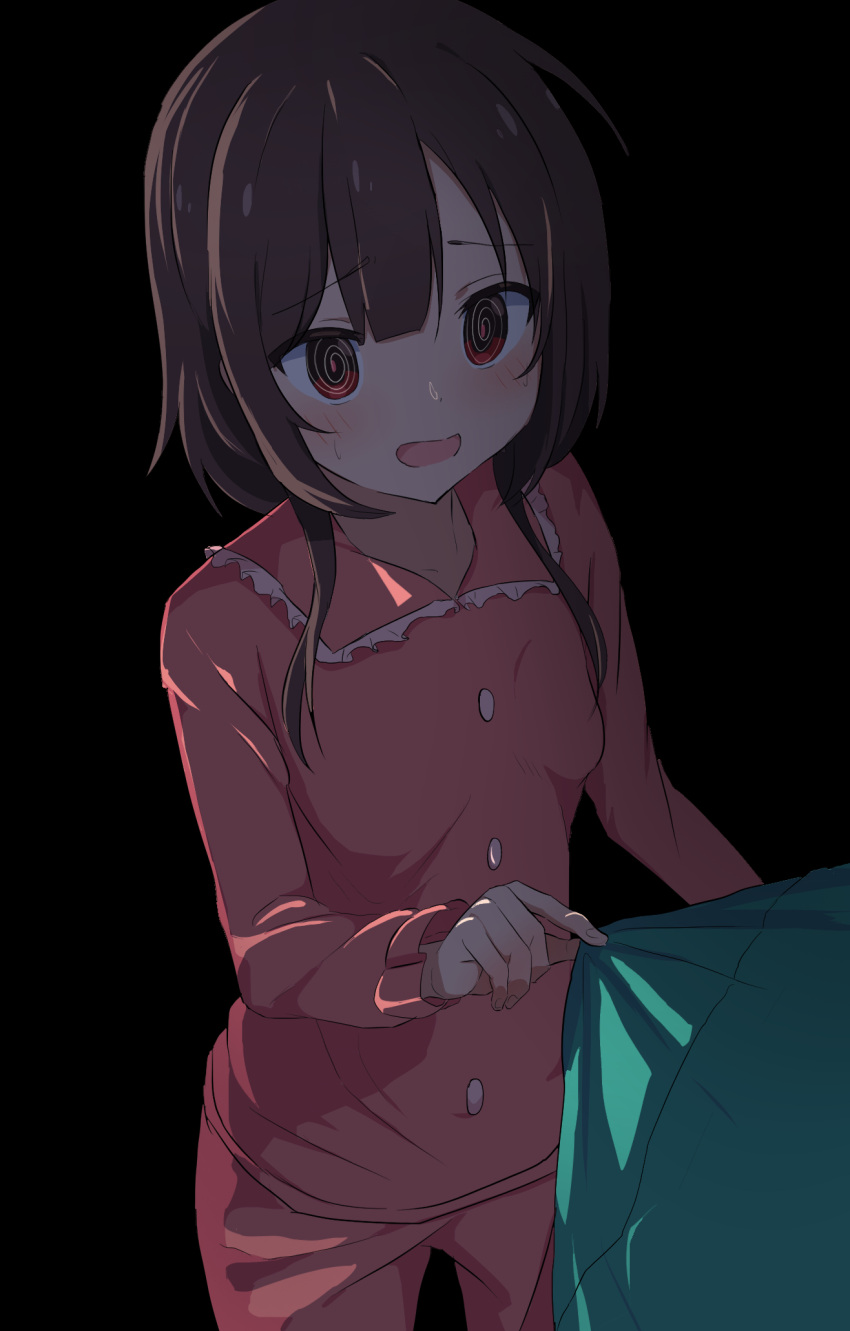 1boy, 1girl, @_@, black_background, blush, breasts, brown_hair, commentary, cowboy_shot, embarrassed, frilled_pajamas, green_jacket, hair_between_eyes, head_out_of_frame, highres, jacket, jacket_tug, kono_subarashii_sekai_ni_shukufuku_wo!, megumin, nervous, open_mouth, pajamas, pants, pink_pajamas, pink_pants, pink_shirt, raised_eyebrows, satou_kazuma, scared, shirt, short_hair, short_hair_with_long_locks, sidelocks, simple_background, small_breasts, solo_focus, sweatdrop, wood_pump, worried