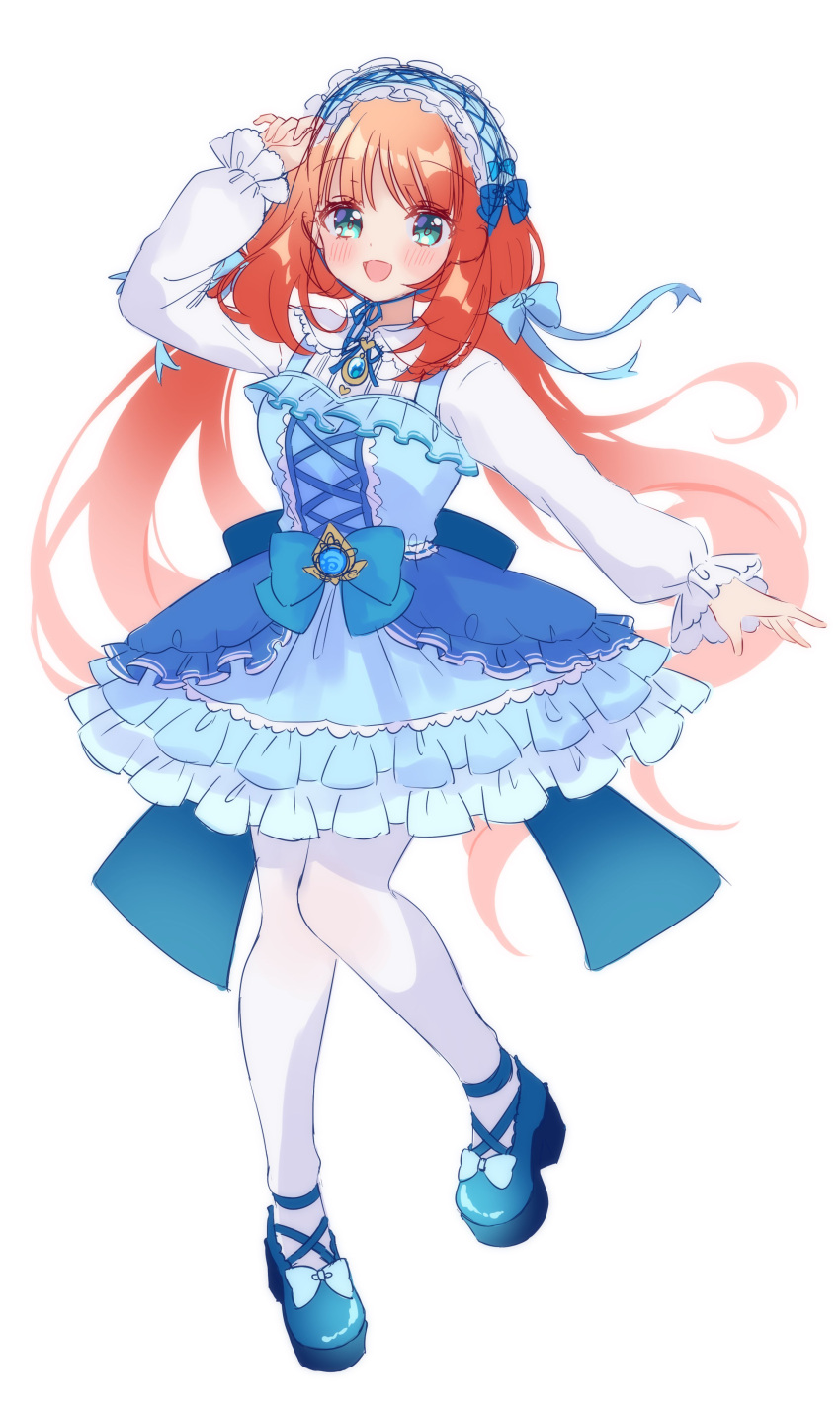 168_azusa, 1girl, absurdres, alternate_costume, back_bow, blue_bow, blue_dress, blue_footwear