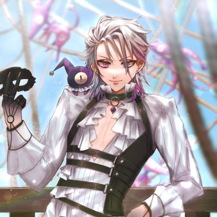 1boy, bettelion_(gavis_bettel), black_choker, black_eyeshadow, black_mask, blue_eyes, blue_hair, choker