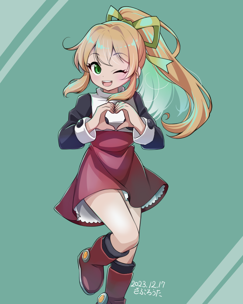 1girl, black_sleeves, blonde_hair, boots, dated, dress, green_background, green_eyes, green_ribbon, hair_between_eyes, hair_ribbon, heart, heart_hands, leg_up, long_hair, long_sleeves, mega_man_(classic), mega_man_(series), mega_man_8, one_eye_closed, open_mouth, ponytail, red_dress, red_footwear, ribbon, roll_(mega_man), saburouta_(hox-666), signature, sleeve_cuffs, solo, standing, standing_on_one_leg, teeth, tongue