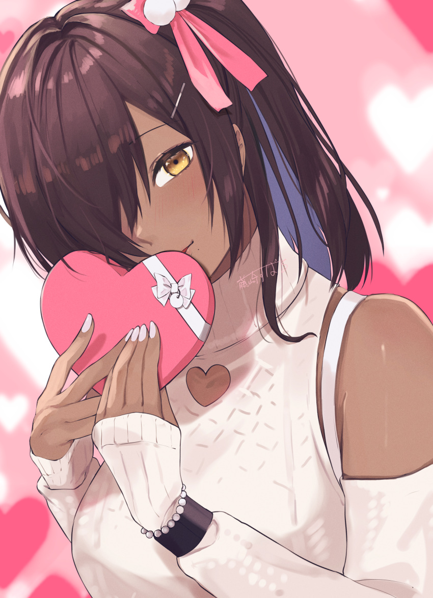 1girl, absurdres, bow, bowtie, box, bracelet, brown_hair, dark-skinned_female