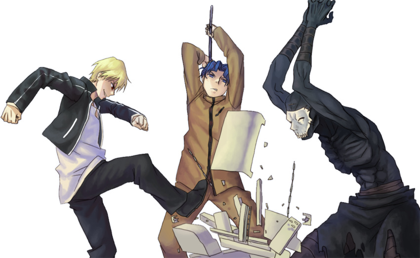 4chan, blonde_hair, blue_eyes, blue_hair, dark_skin, destruction, drawfag, fate/stay_night