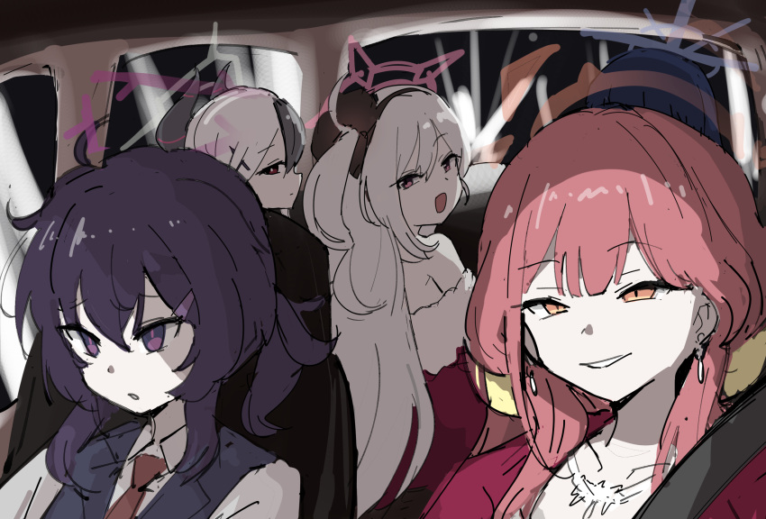 5girls, aru_(blue_archive), aru_(dress)_(blue_archive), blue_archive, car_interior, driving, halo, haruka_(blue_archive)
