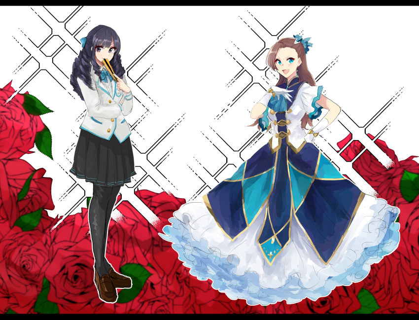 2girls, ballroom_gown, black_hair, black_leggings, black_skirt, blue_eyes, blue_ribbon, brown_footwear, brown_hair, crossover, curly_hair, drill_hair, fan_to_mouth, flower, folding_fan, hair_ribbon, hand_fan, hand_on_own_chest, highres, holding, holding_fan, jacket, katarina_claes, kenkyo_kenjitsu_wo_motto_ni_ikite_orimasu, kisshouin_reika, leggings, loafers, long_hair, looking_at_viewer, multiple_girls, neck_ribbon, open_mouth, otome_game_no_hametsu_flag_shika_nai_akuyaku_reijou_ni_tensei_shite_shimatta, pleated_skirt, ribbon, rose, sakusan_yousoeki, shoes, skirt, white_jacket