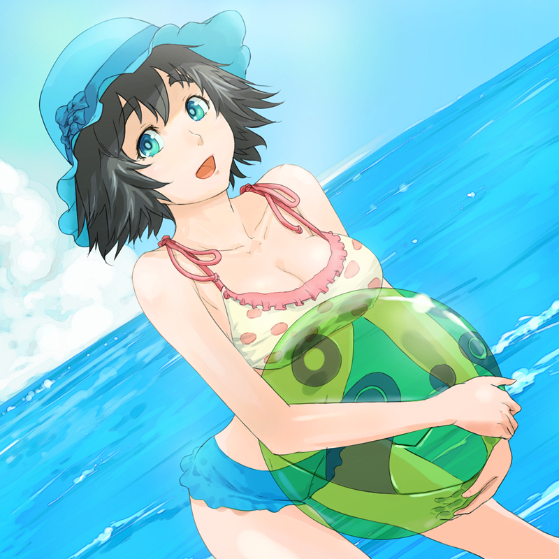 ball, black_hair, breasts, hat, masato_(pixiv), ocean, shiina_mayuri, short_hair, solo, steins;gate, swimsuit