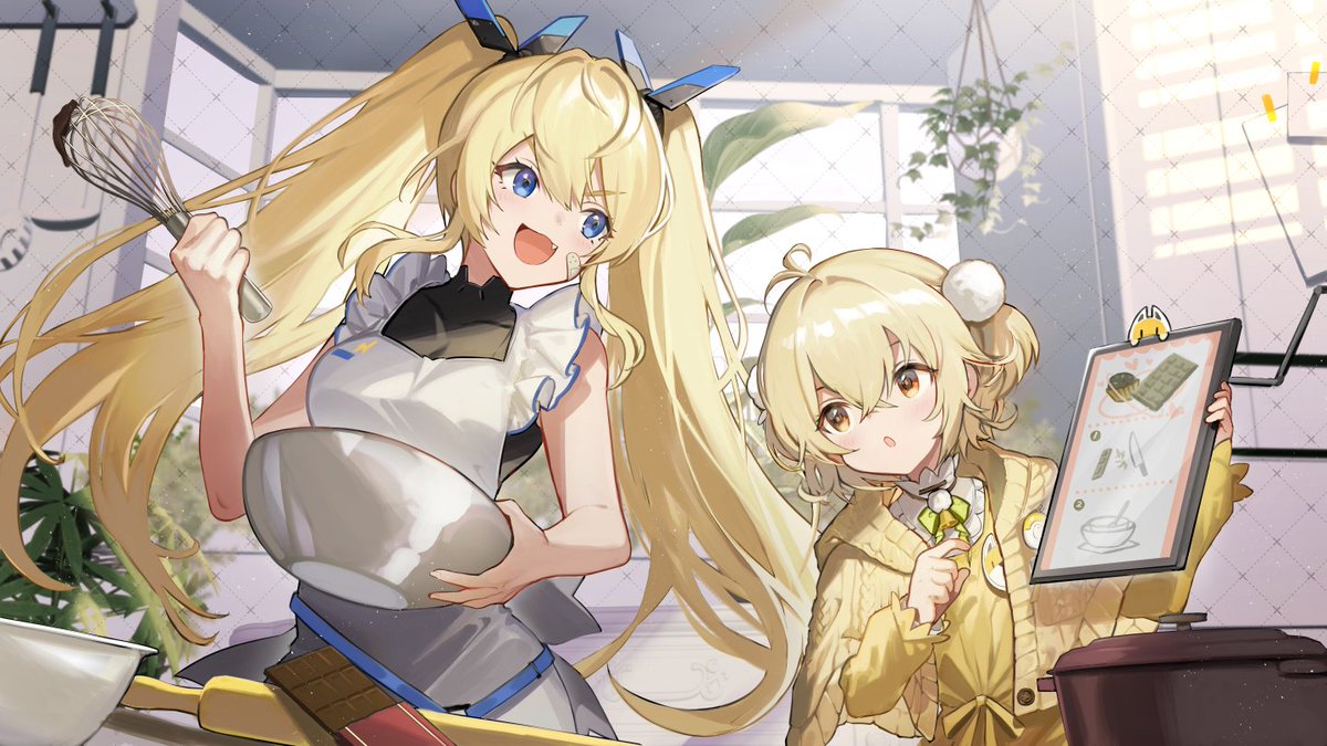 2girls, antenna_hair, apron, blonde_hair, blue_eyes, bowl, breasts, brown_eyes