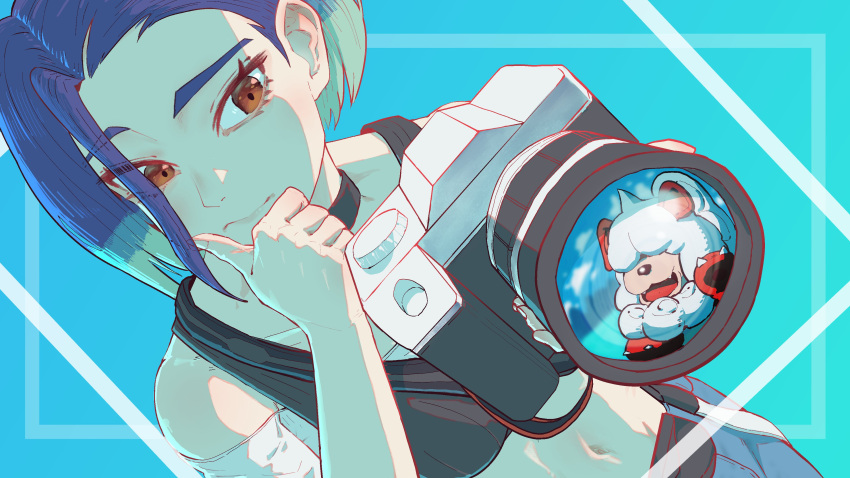 02milos02, 1girl, absurdres, bare_shoulders, black_choker, blue_hair, bob_cut, breasts, brown_eyes, camera, choker, collarbone, crop_top, denim, dog, furrowed_brow, gradient_hair, grey_shirt, highres, hisuian_growlithe, holding, holding_camera, jeans, loose_hair_strand, midriff, multicolored_hair, pants, perrin_(pokemon), pokemon, pokemon_(creature), pokemon_sv, raised_eyebrow, ribbed_shirt, shirt, sleeveless, sleeveless_shirt, undershirt, v-neck