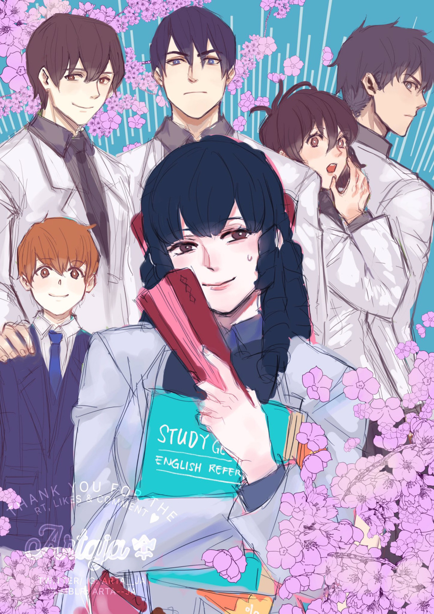 2girls, 4boys, black_hair, black_necktie, blazer, blue_background, blue_jacket, blue_necktie