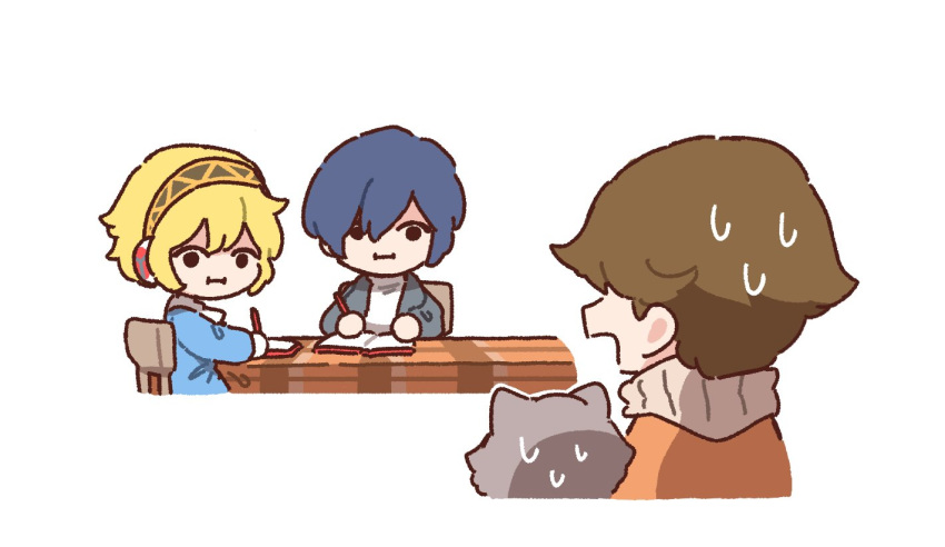 1girl, 2boys, aegis_(persona), amada_ken, animal, blonde_hair, blue_hair, brown_hair