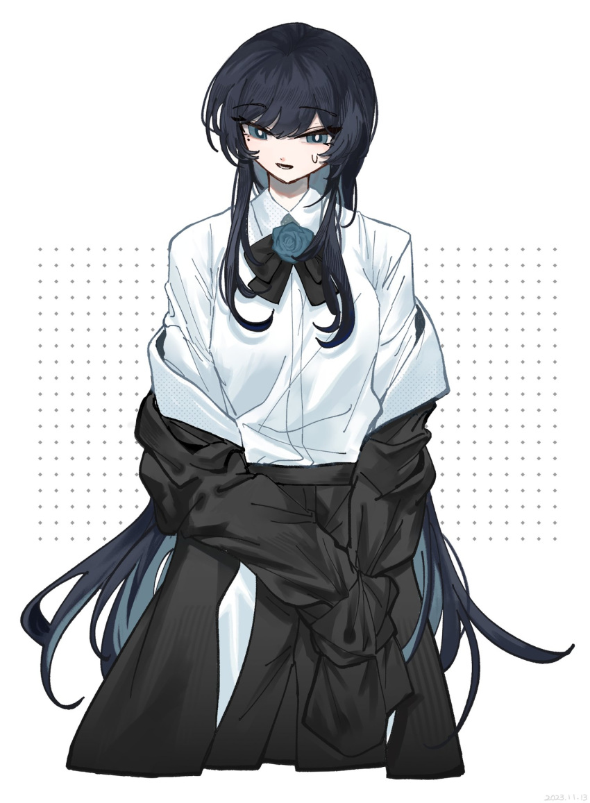 1girl, ado_(utaite), black_bow, black_bowtie, black_coat, black_hair, black_pants, blue_eyes