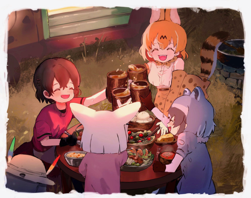 4girls, animal_ears, backpack, bag, bare_shoulders, black_gloves, black_hair, blonde_hair