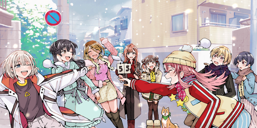 6+girls, animal, arisugawa_natsuha, bad_id, bad_pixiv_id, beanie, black_hair, blonde_hair, blue_eyes, boots, brown_eyes, coat, dark-skinned_female, dark_skin, dog, double_bun, fuyuno_(ramentaro23), gloves, grey_hair, hair_between_eyes, hair_bun, hat, highres, houkago_climax_girls_(idolmaster), idolmaster, idolmaster_shiny_colors, izumi_mei, jacket, komiya_kaho, light_blush, light_brown_hair, long_hair, mamemaru_(shiny_colors), mayuzumi_fuyuko, morino_rinze, multiple_girls, one_eye_closed, open_clothes, open_jacket, open_mouth, orange_hair, pants, red_eyes, ribbed_sweater, road, saijo_juri, scarf, serizawa_asahi, short_hair, skirt, smile, snow, snowball, snowball_fight, snowing, sonoda_chiyoko, straylight_(idolmaster), street, sweater, swept_bangs, thigh-highs, twintails, two_side_up, violet_eyes, winter