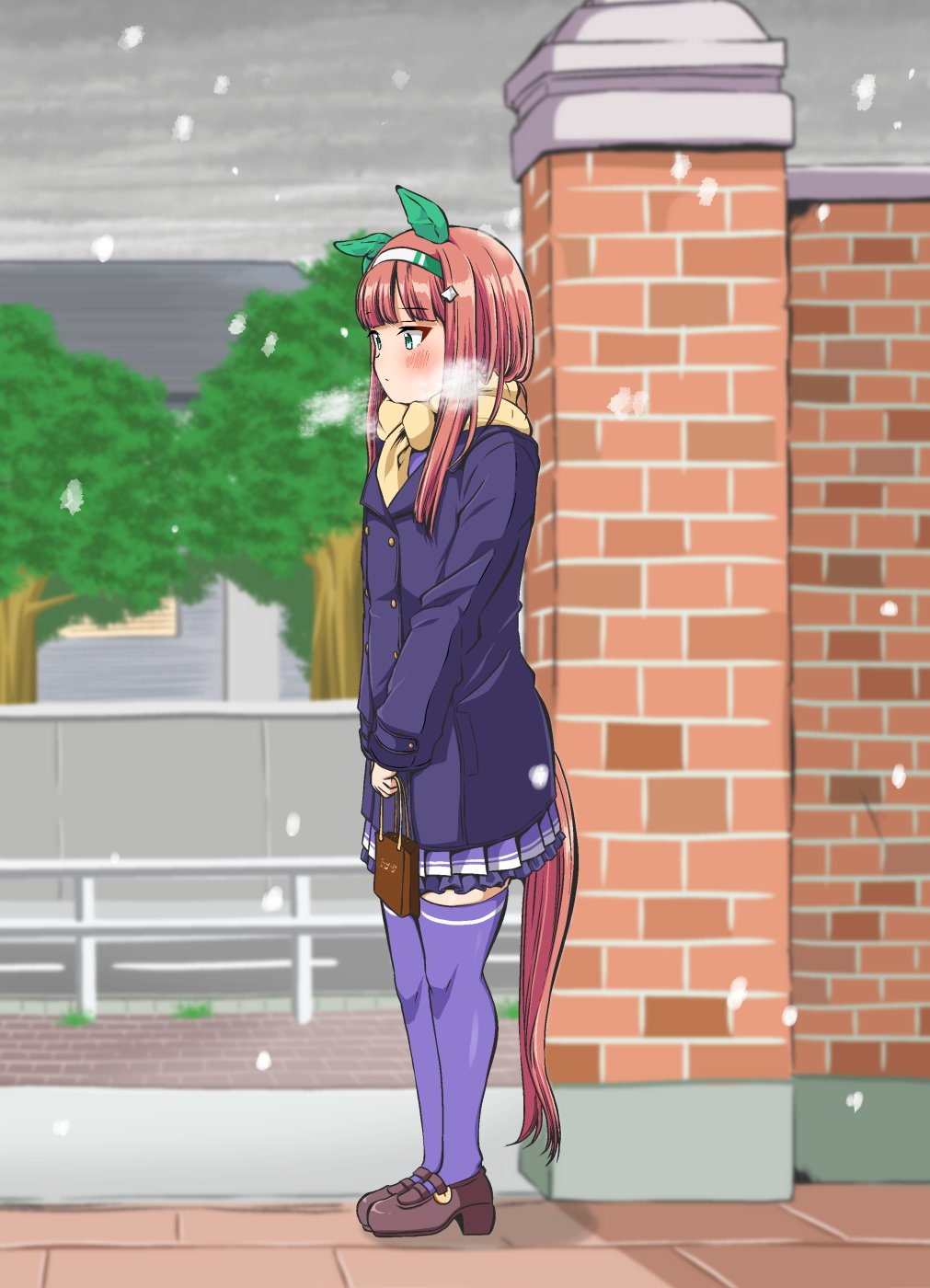 1girl, animal_ears, bag, blue_coat, brown_bag, brown_footwear, buttons, coat