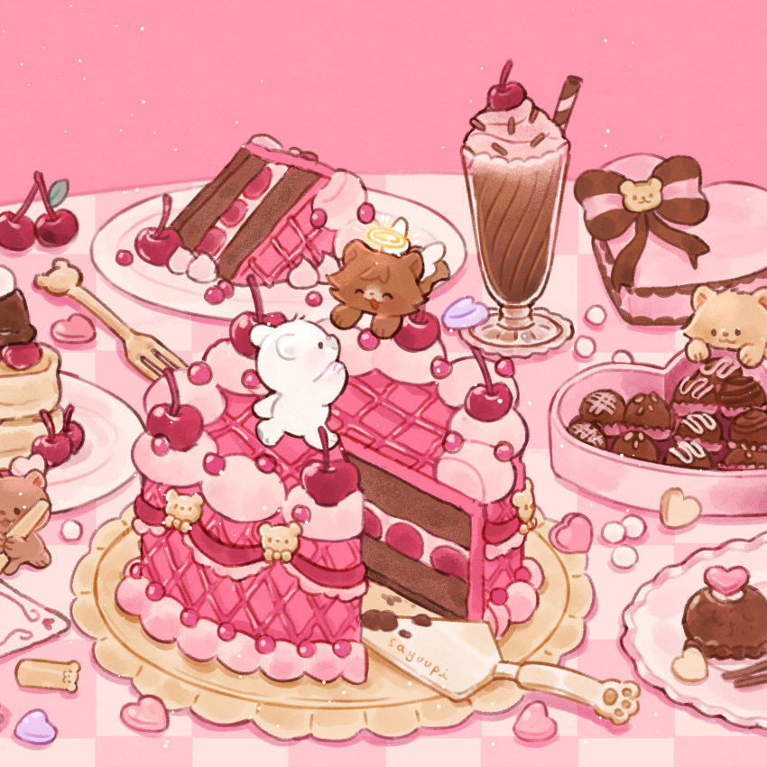 :3, ^_^, angel, angel_wings, animal_focus, bear, black_eyes, bow, box, box_of_chocolates, brown_bow, cake, cake_on_head, cake_slice, cat, cinnamon_stick, closed_eyes, closed_mouth, commentary, food, food_focus, fork, halo, heart, heart-shaped_box, highres, holding, milkshake, no_humans, open_mouth, original, oversized_food, oversized_object, pancake, pink_background, plate, sayuupi, smile, solid_circle_eyes, symbol-only_commentary, table, valentine, white_wings, wings, yellow_halo