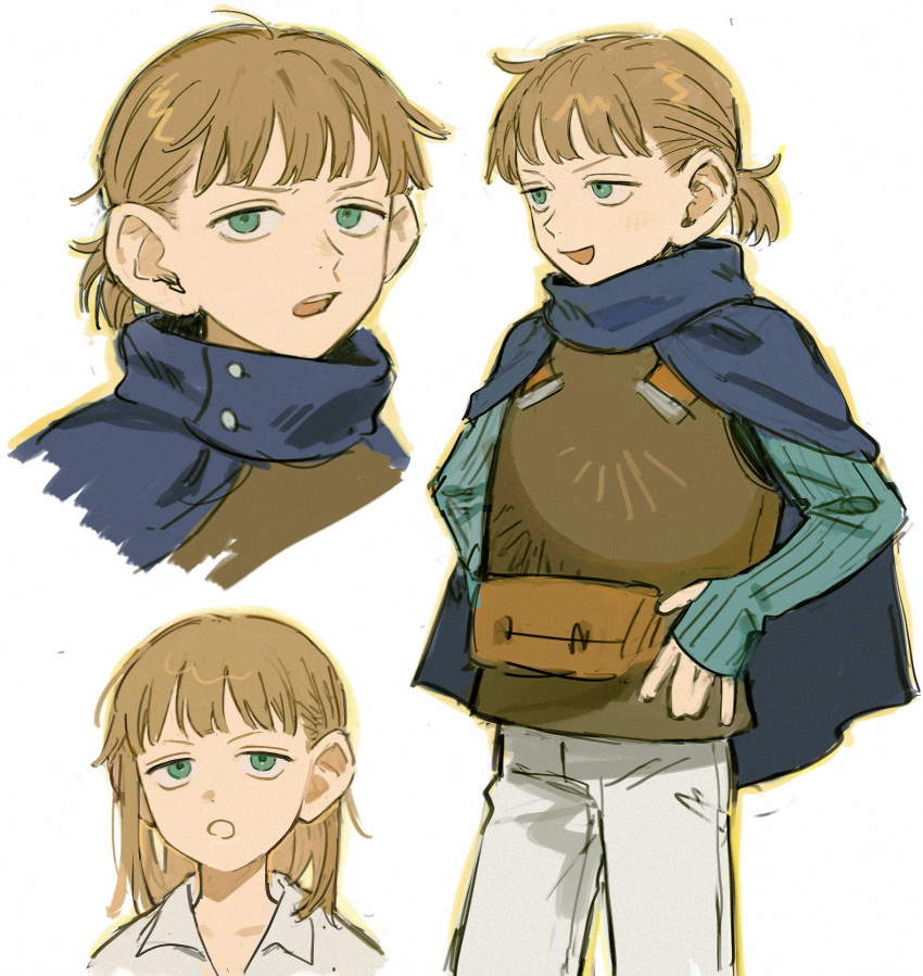 1boy, aqua_eyes, aqua_sweater, armor, blue_cloak, brown_hair, cloak, commentary