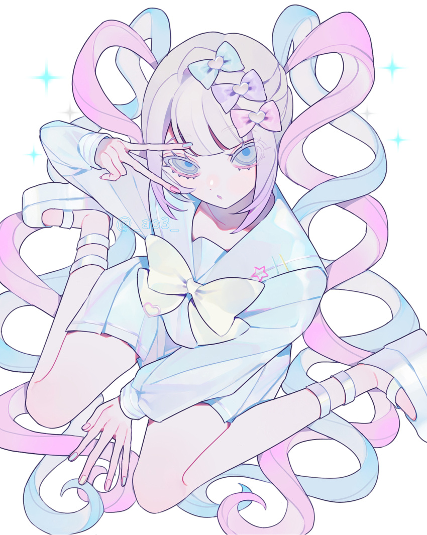 1girl, ao3, blonde_hair, blue_bow, blue_eyes, blue_footwear, blue_hair, blue_nails