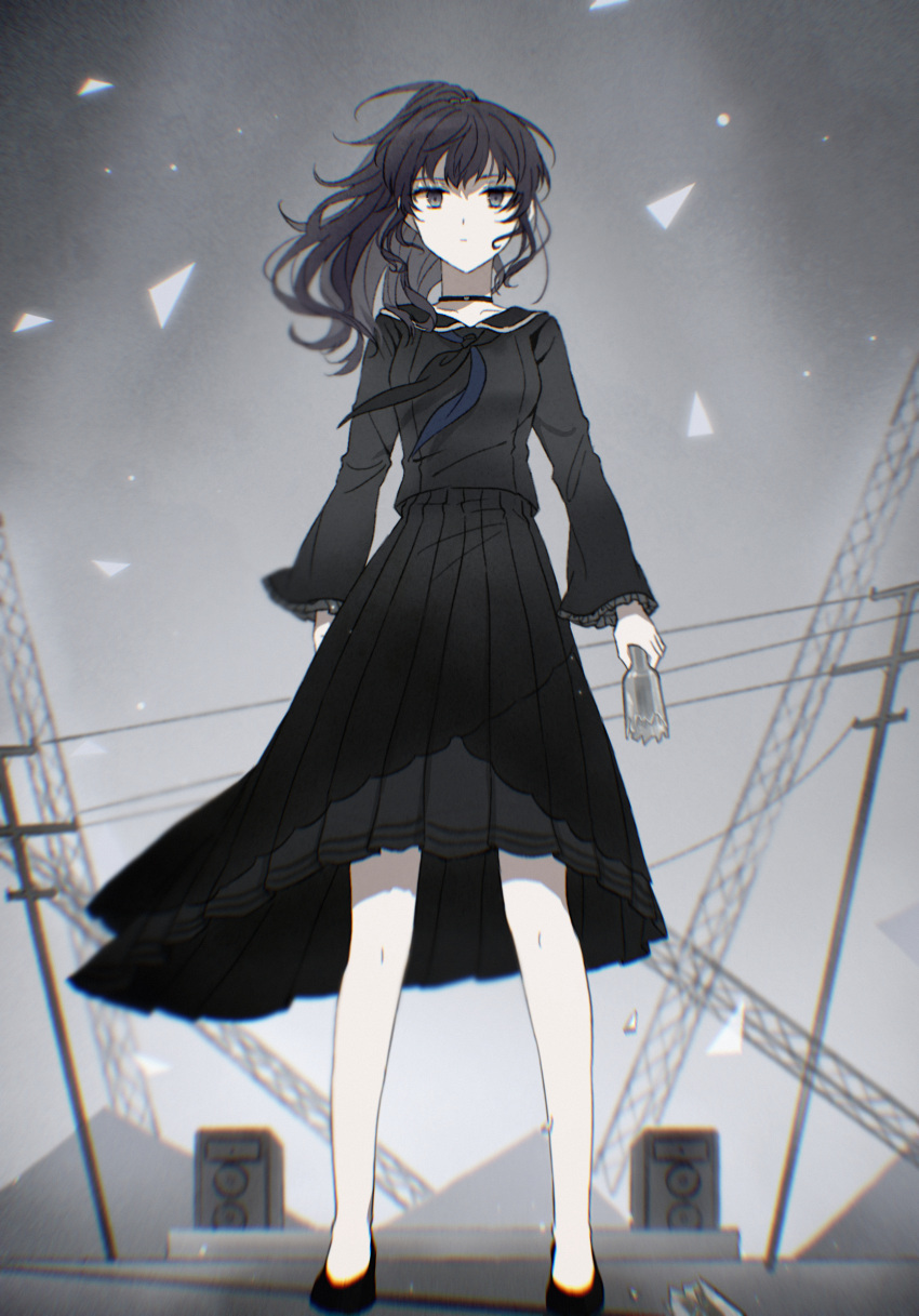 1girl, asahina_mafuyu, black_choker, black_eyes, black_footwear, black_neckerchief, black_sailor_collar, black_shirt