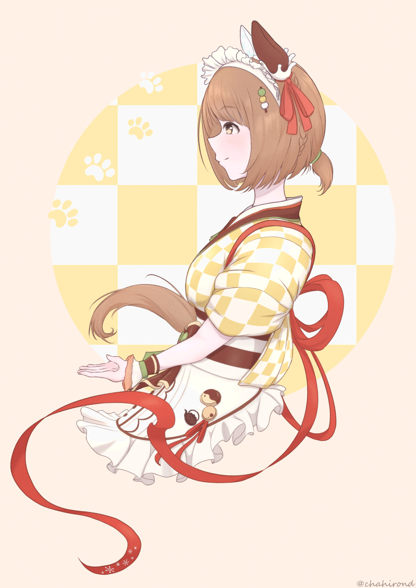 1girl, absurdres, animal_ears, apron, brown_eyes, brown_hair, chahiro, ear_covers