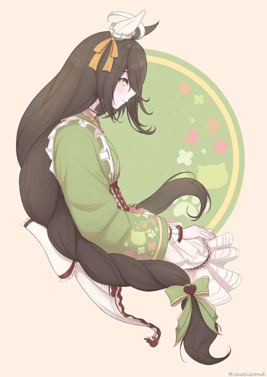 1girl, absurdres, animal_ears, black_hair, chahiro, ear_covers, frilled_kimono, frills