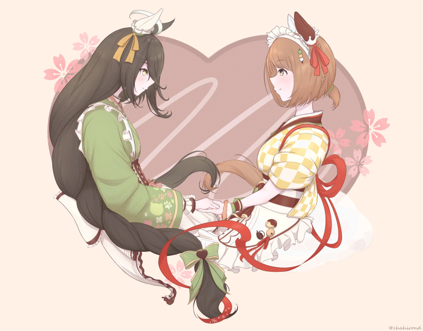 2girls, absurdres, animal_ears, apron, black_hair, brown_eyes, brown_hair, chahiro
