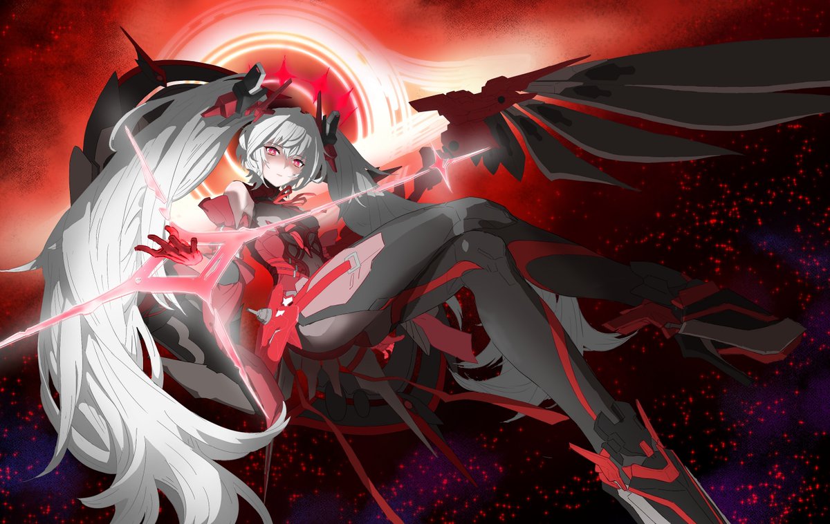 1girl, bare_shoulders, black_pantyhose, bodysuit, gloves, grey_hair, hair_between_eyes, halo, headgear, ipcz100a, long_hair, luna:_oblivion_(punishing:_gray_raven), luna_(punishing:_gray_raven), mechanical_foot, mechanical_wings, pantyhose, punishing:_gray_raven, red_bodysuit, red_eyes, red_gloves, sidelocks, single_wing, solo, symbol-shaped_pupils, twintails, very_long_hair, wings