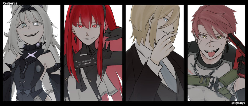 2boys, 2girls, animal_ears, black_bodysuit, black_hairband, black_suit, blonde_hair, blue_eyes