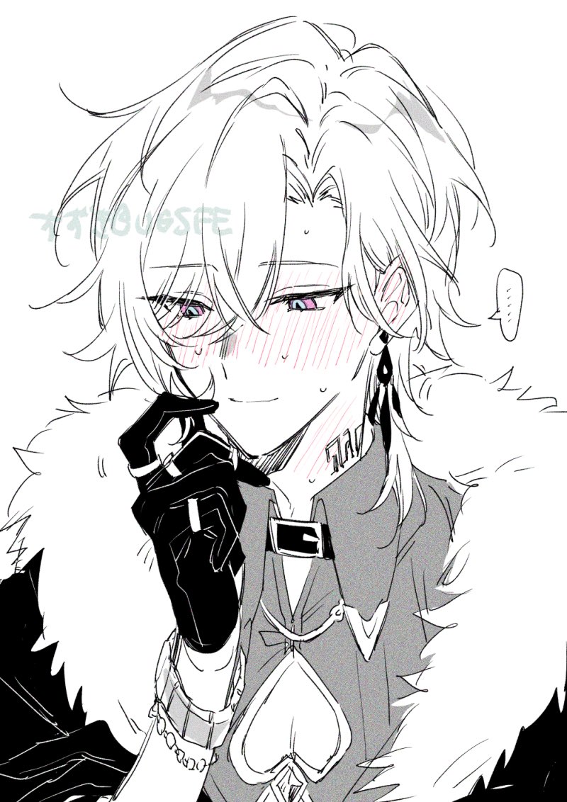 ..., 1boy, aventurine_(honkai:_star_rail), black_gloves, blush, bracelet, clothing_cutout, collared_shirt, earrings, embarrassed, fur_trim, gloves, greyscale, heart_cutout, honkai:_star_rail, honkai_(series), jewelry, limited_palette, male_focus, monochrome, neck_tattoo, nervous_smile, pectoral_cleavage, pectorals, ring, scratching_cheek, shirt, sketch, smile, solo, spoken_ellipsis, sweat, sweatdrop, swept_bangs, tattoo, two-tone_eyes, ugsfe, unfinished