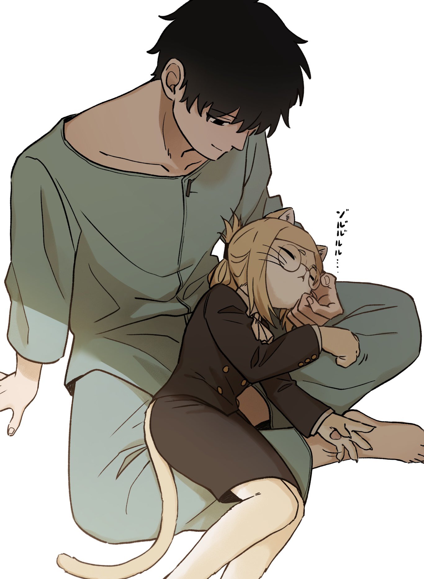 1boy, 1girl, animal_ears, animal_hands, ascot, black_eyes, black_hair, black_jacket, black_skirt, blonde_hair, buttons, cat_ears, cat_girl, cat_tail, claws, closed_eyes, commentary, crossed_legs, folded_ponytail, furry, furry_female, furry_with_non-furry, highres, hitoner, hospital_gown, interspecies, jacket, kanashima_hitoshi, light_smile, lying_on_lap, pencil_skirt, poro_(pororo_011_9), purring, round_eyewear, scratching_cheek, short_hair, skirt, tail, tonerico, translated, whiskers, white_ascot